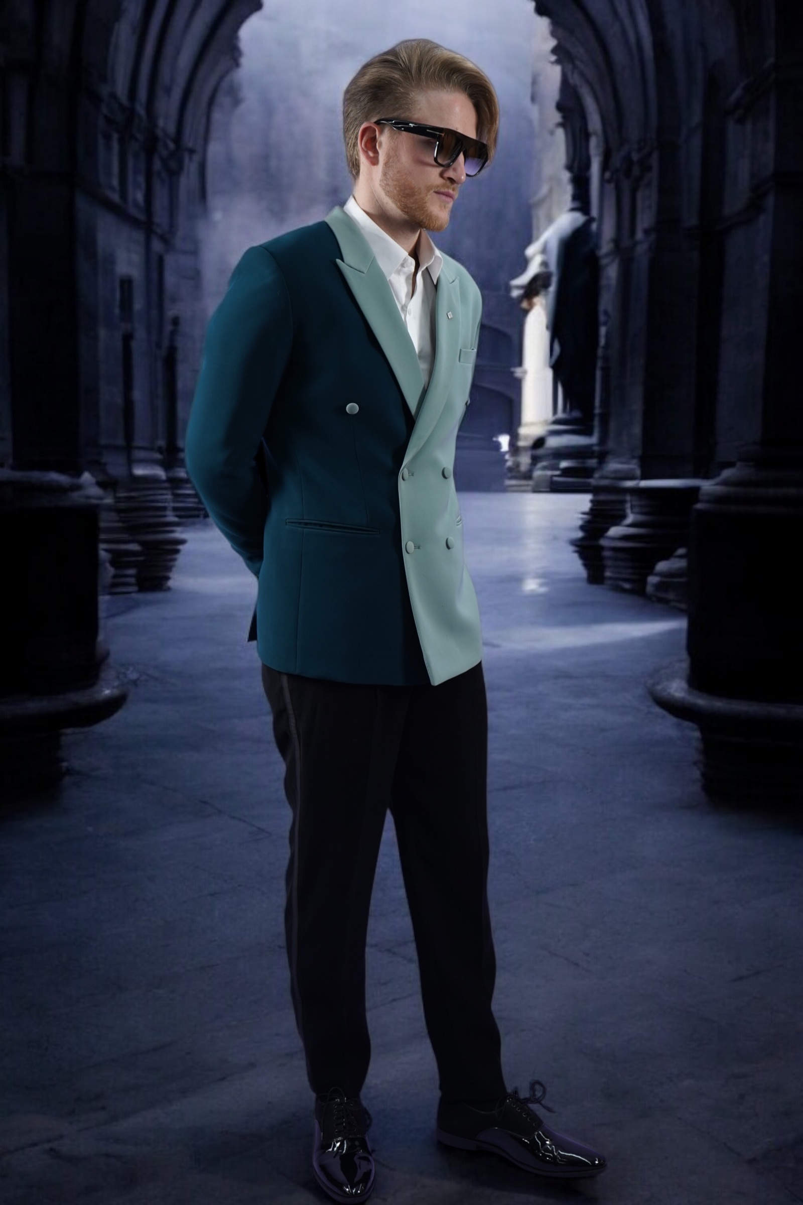 Dual tone patterned double breasted suit