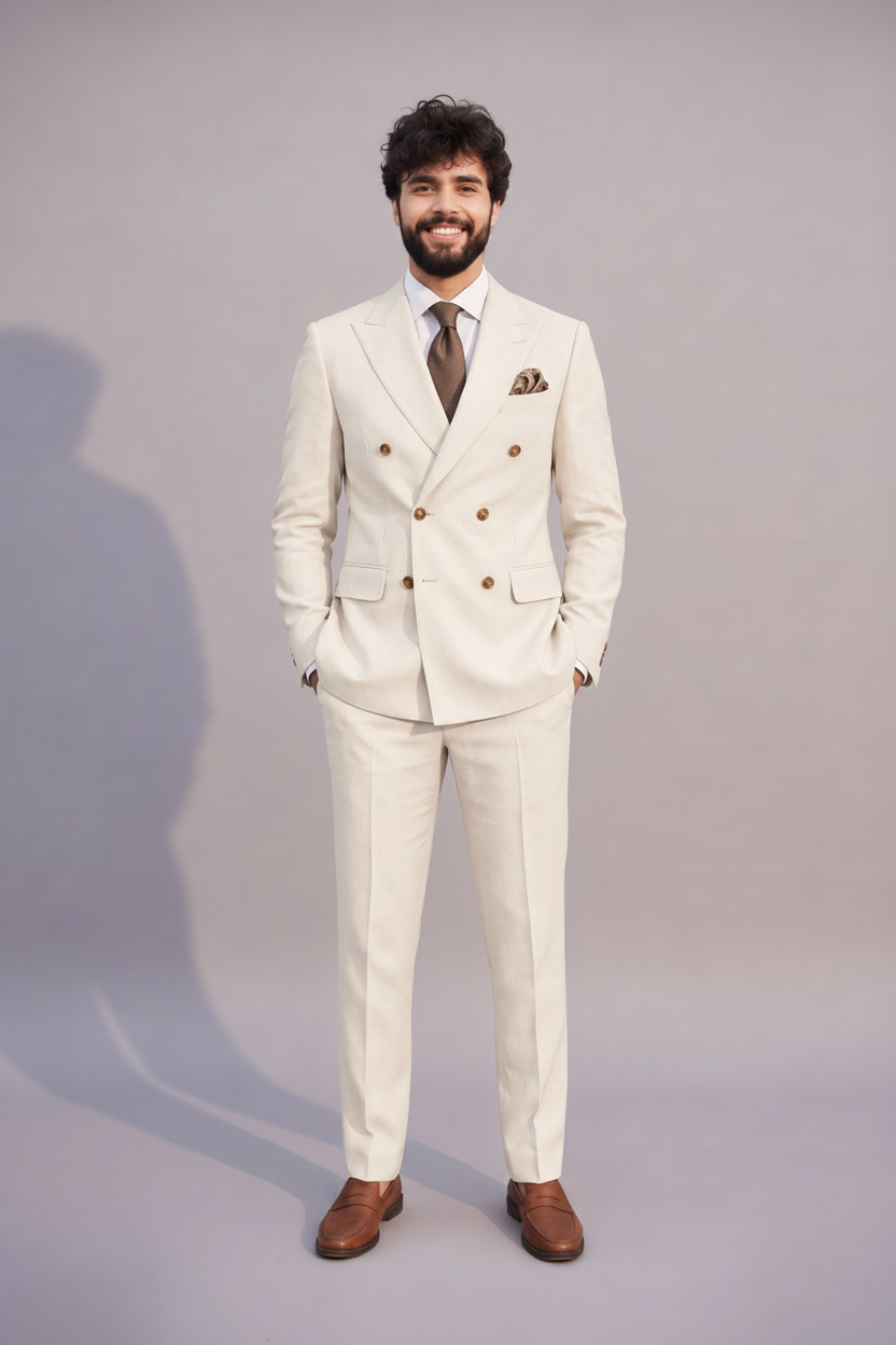 Men's Ivory Cream Double-Breasted Suit (Ivory Royale)