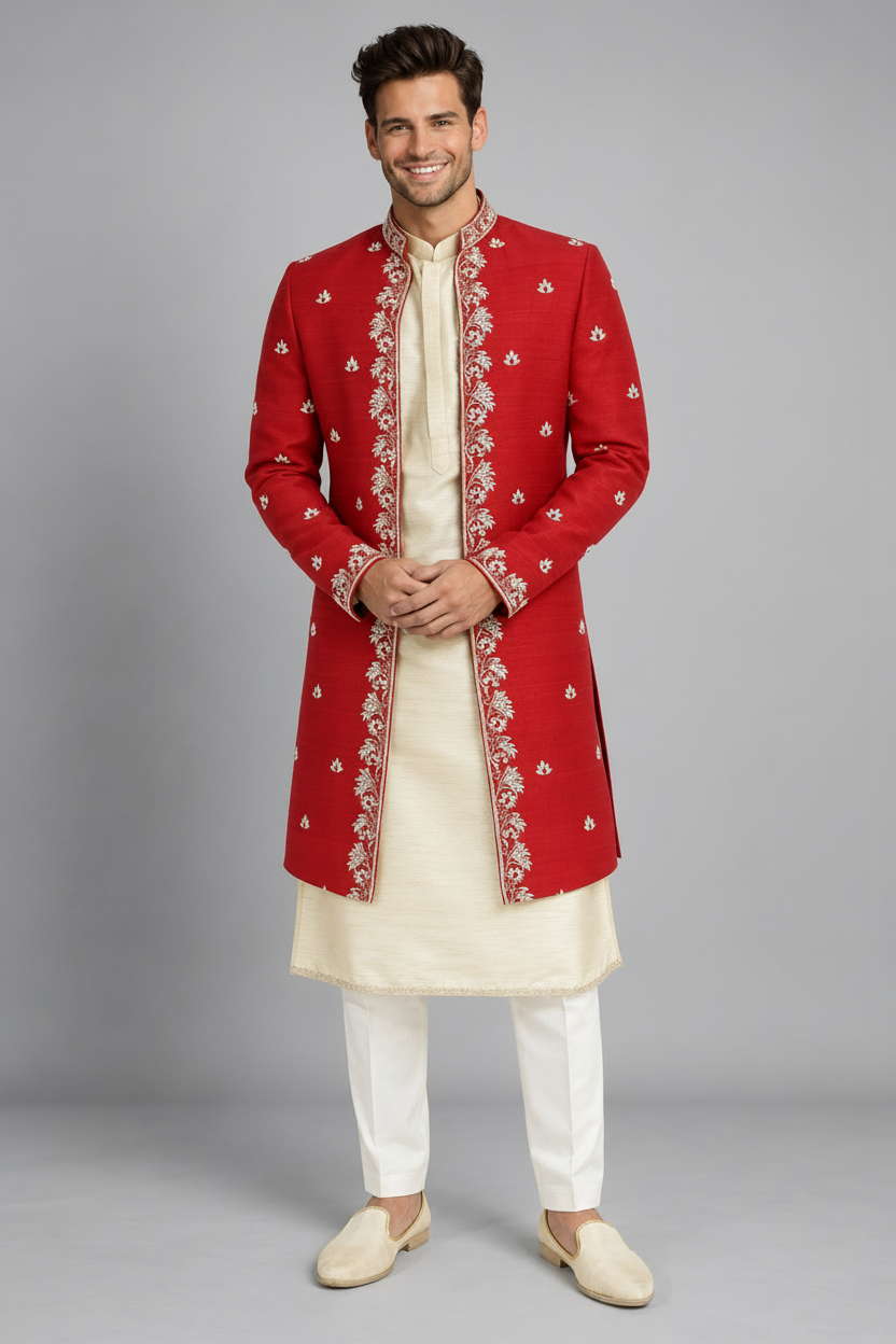 Mens Red Silk Designer Indo Western (Crimson Elegance)