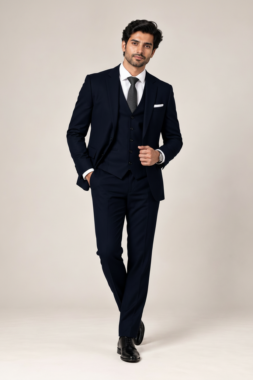 Elegant Rich Look Ink-Blue Three Piece Suit