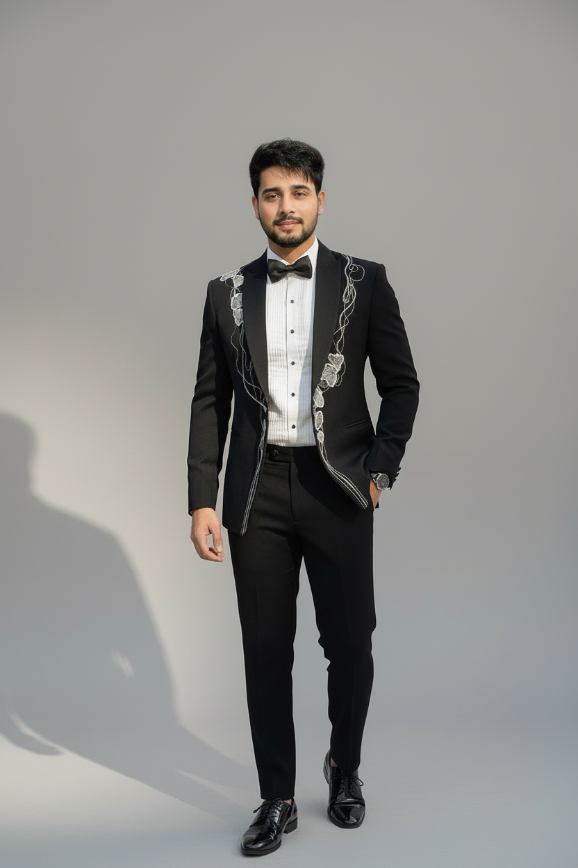 Abstract Floral Embroidered Black Tuxedo with trouser