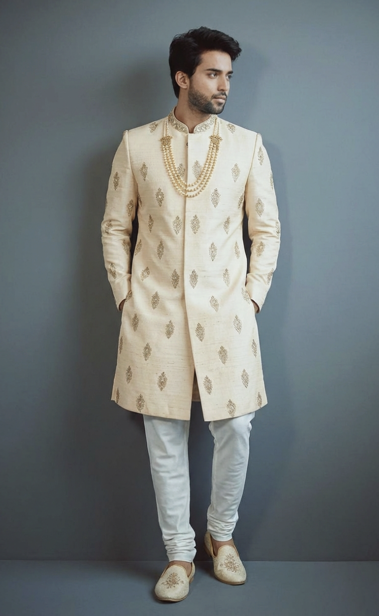 Pure Raw silk sherwani with traditional butta design