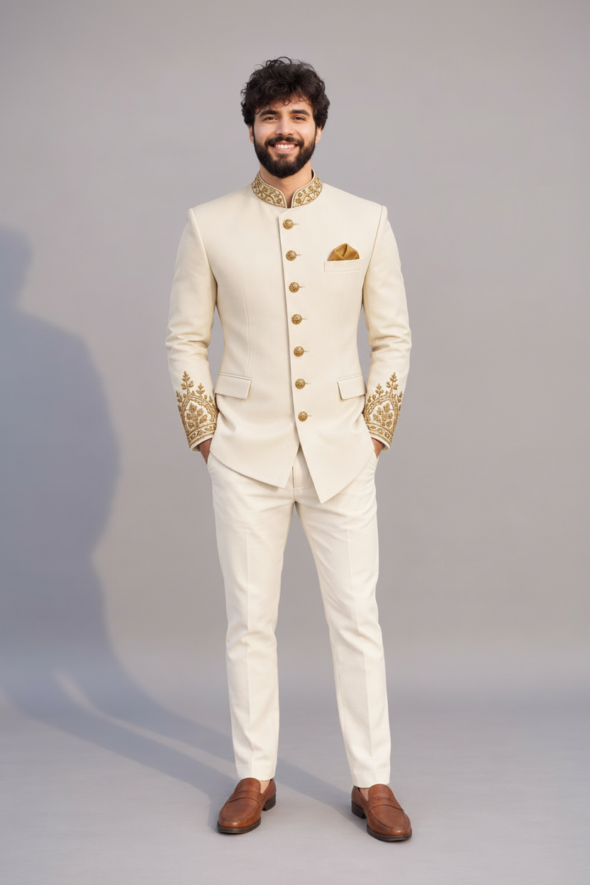 Mens Ivory Gold Embroidered Indo Western Suit (Ivory Majesty)