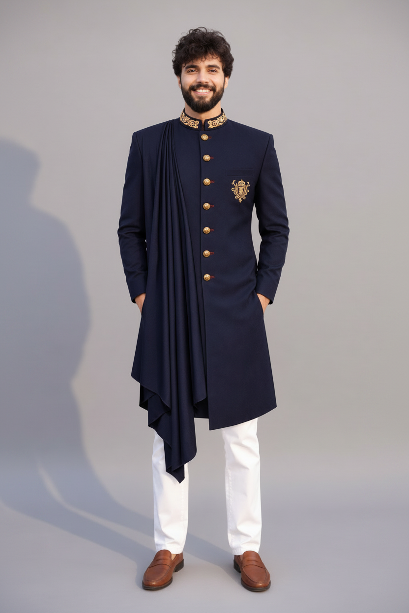 Men's Navy Blue Draped Indo-Western Sherwani (Imperial Drape)