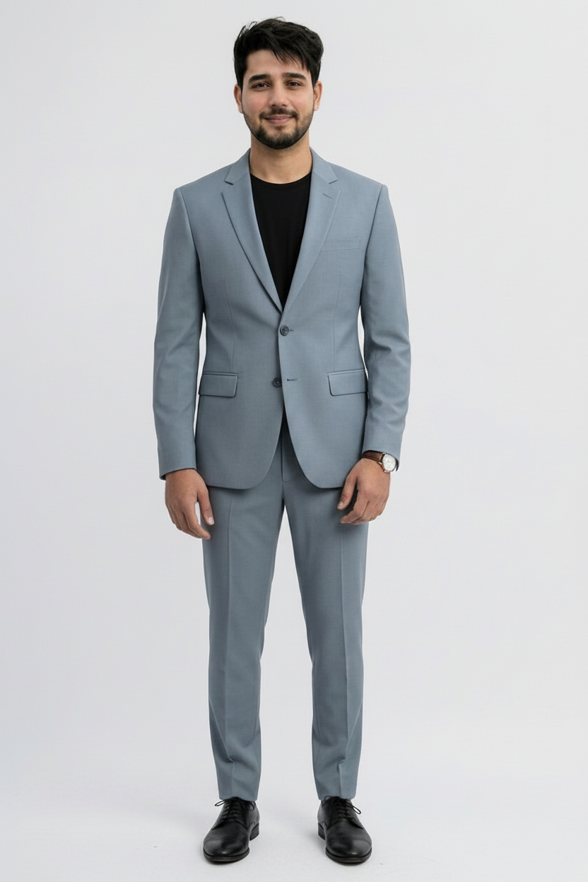 Men's light grey two-piece suit with single-breasted blazer and tailored trousers