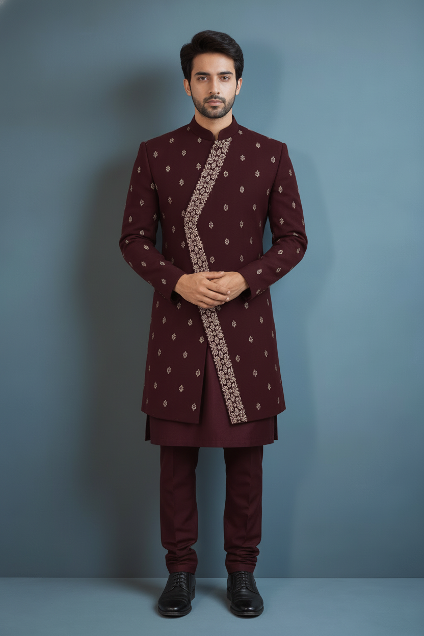 Men's Wine Maroon Embroidered Indo-Western (Regal Drape)