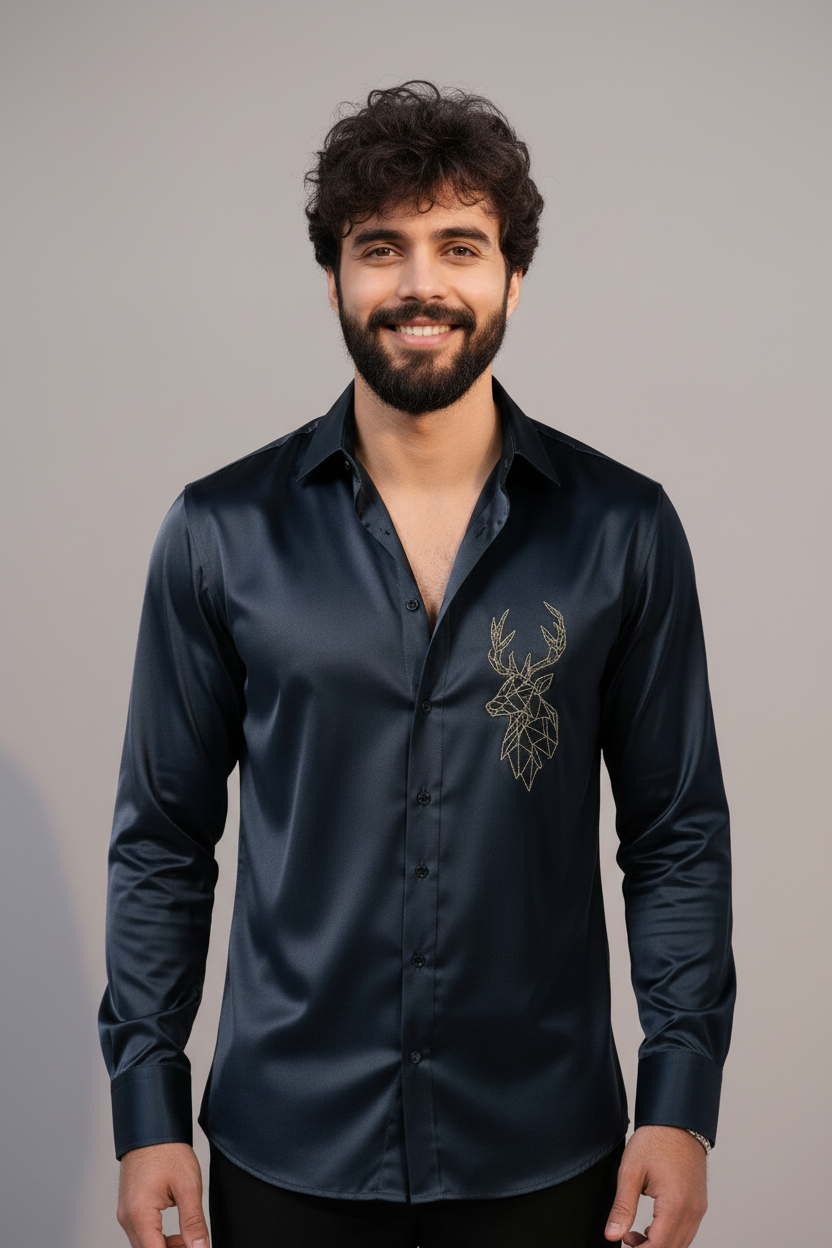 Midnight Blue Geometric Stag Satin Shirt