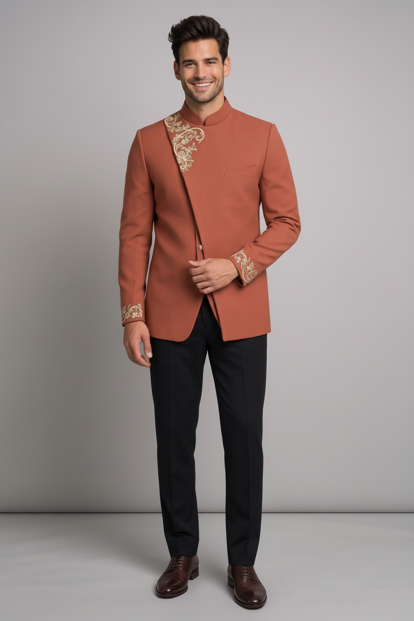 Men's Rust Orange Embroidered Jodhpuri Suit (Rust Cross)