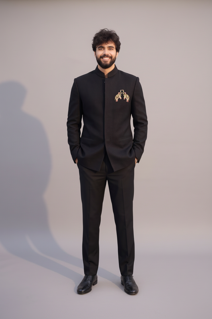 Men's black embroidered Jodhpuri suit with gold chest detailing