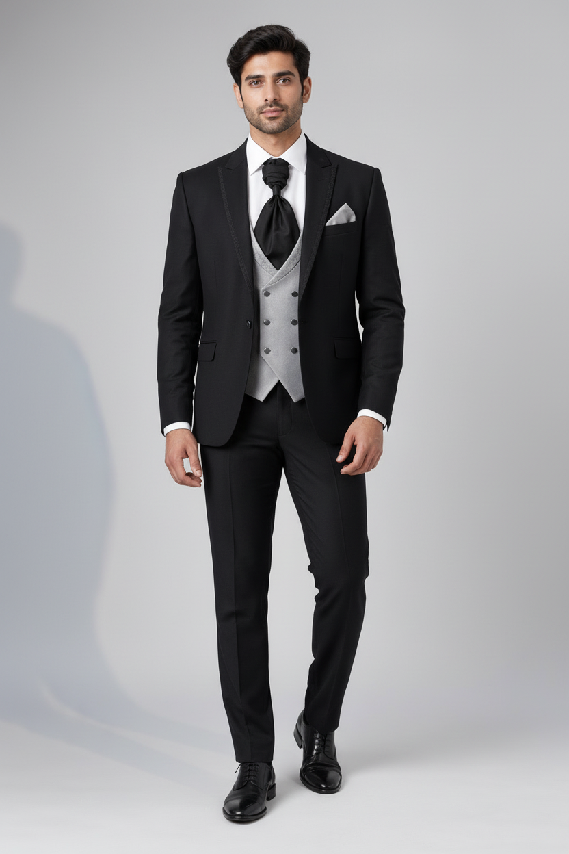 Jet Black Three Piece Suit with Contrast Waist Coat