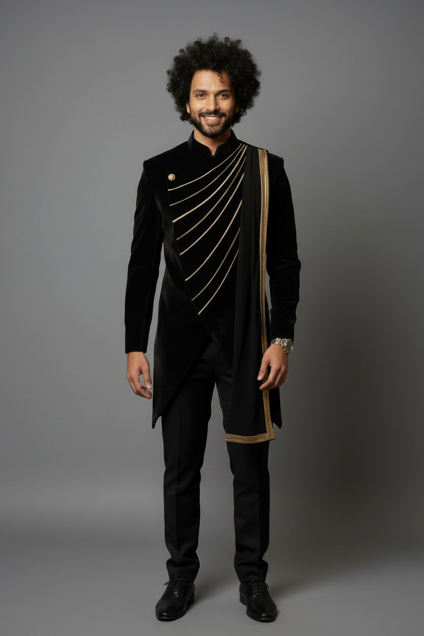 Men's Black Velvet Jodhpuri Suit (Noir Drape)