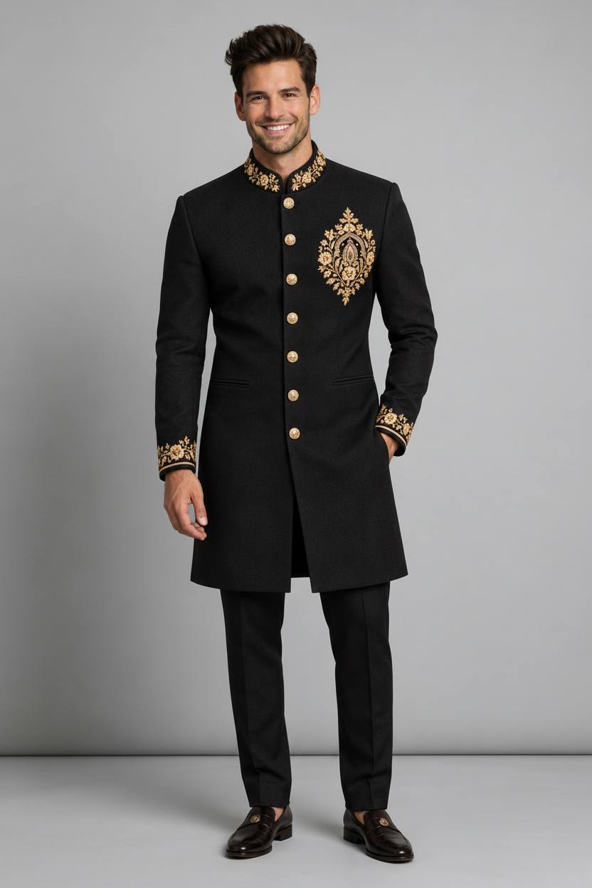 Men's Black Gold Embroidered Indo-Western Sherwani (Noir Imperial)