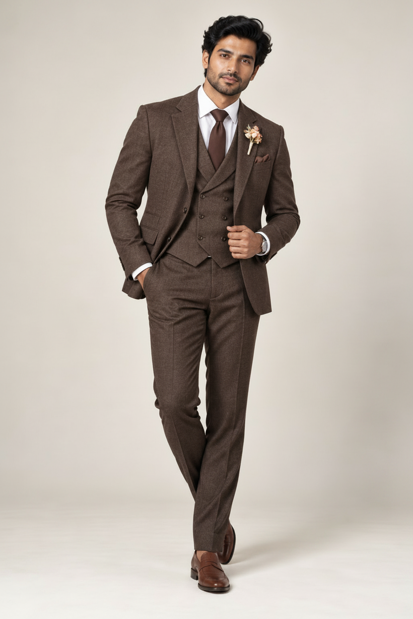 Men's Textured Chocolate Brown Three-Piece Suit (Heritage Brown)