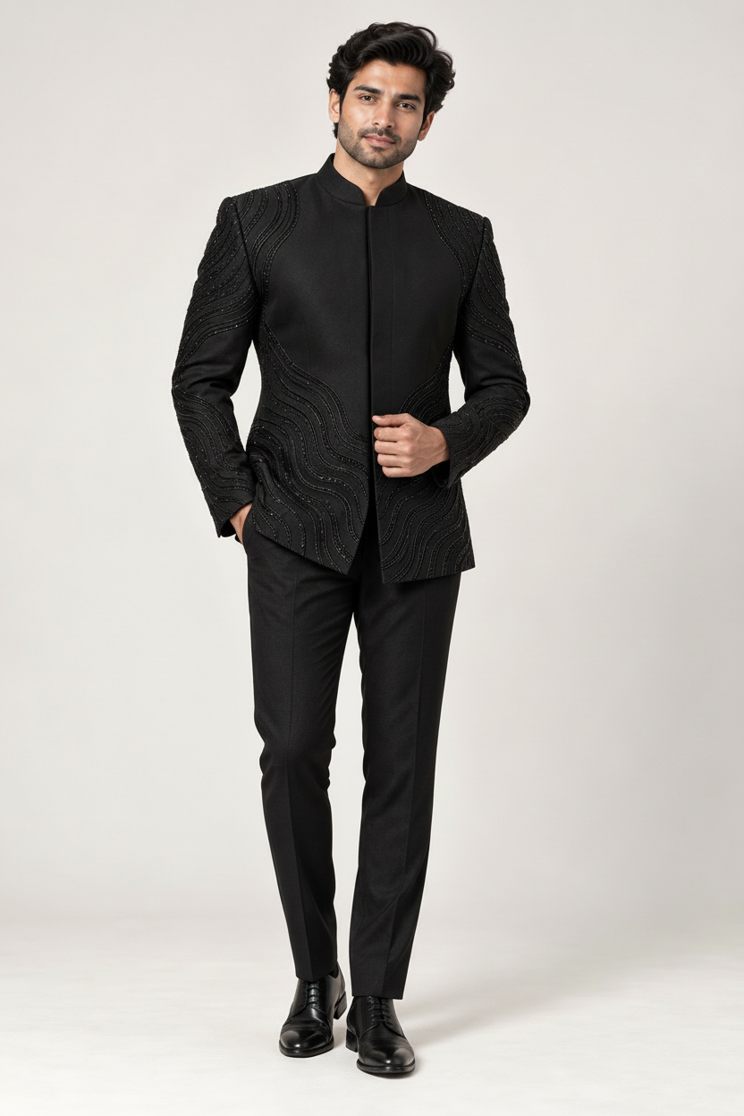 Men's Black Wave Embroidered Jodhpuri Suit with Matching Trousers