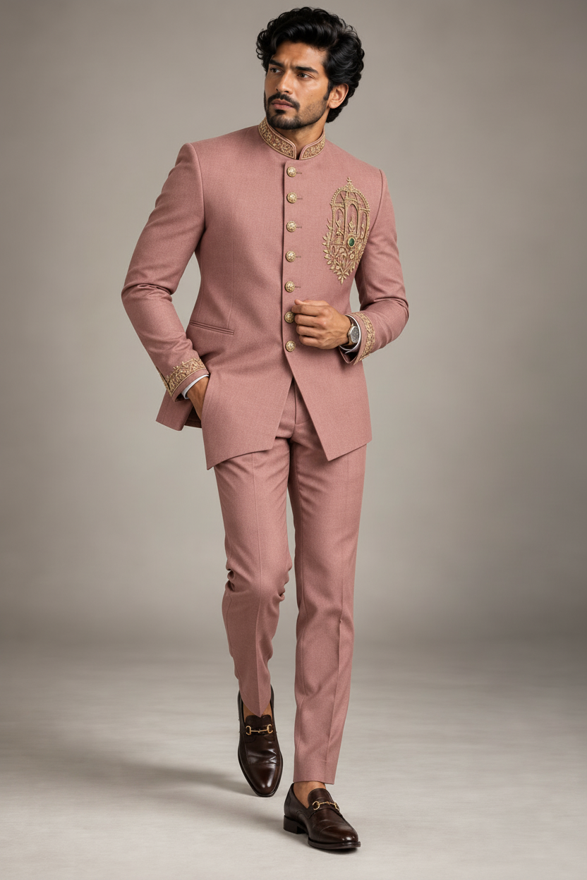 Men's Dusty Rose Embroidered Indo-Western Suit (Rose Imperial)