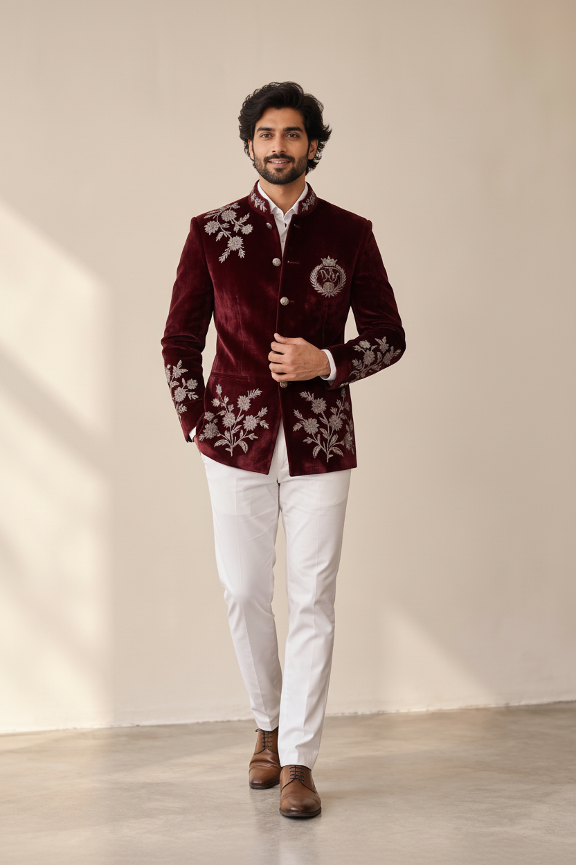 Men's Maroon Velvet Jodhpuri Suit (Royal Crest)