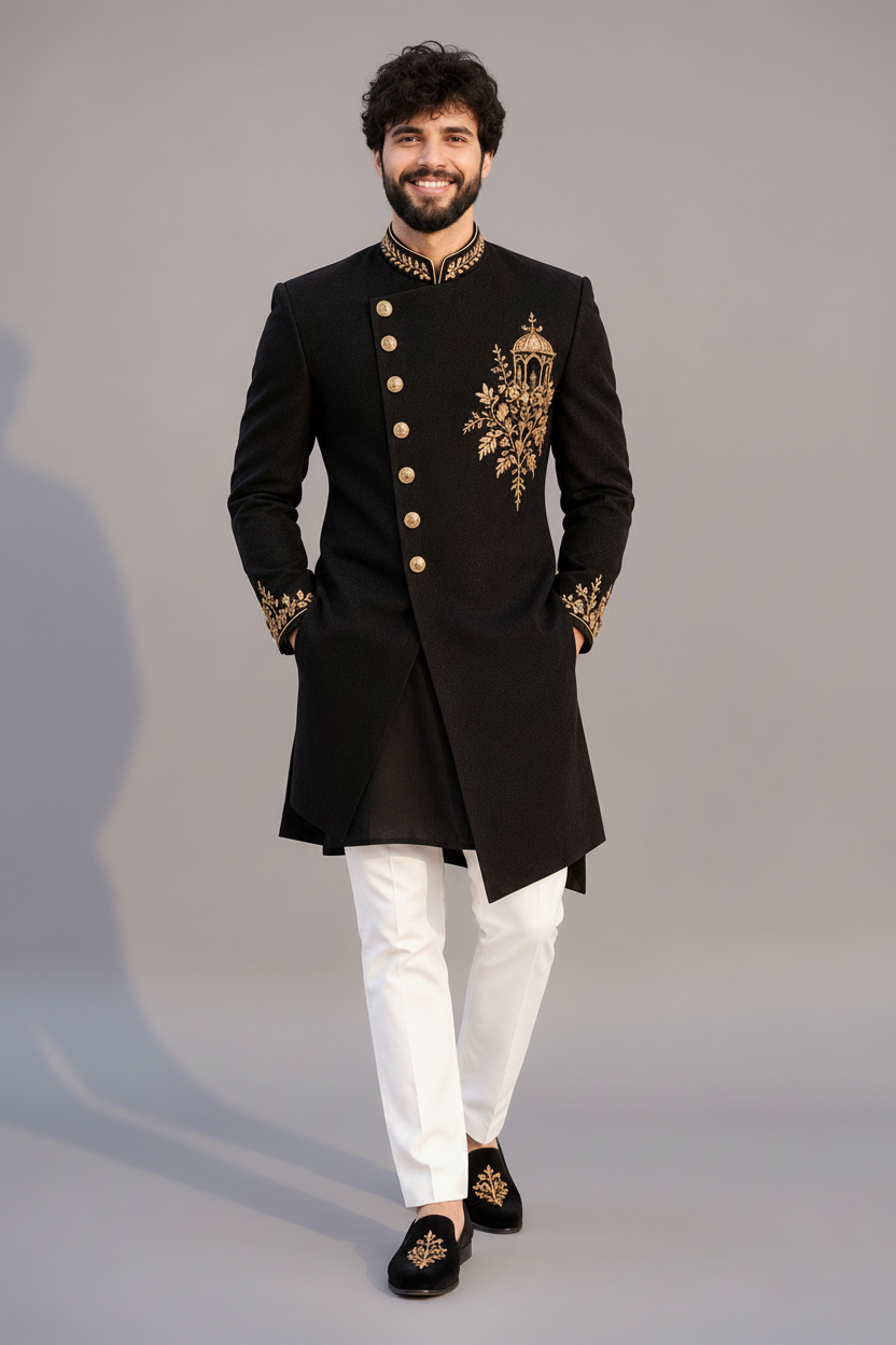 Mens Black Gold Embroidered Indo Western Sherwani (Midnight Darbar)
