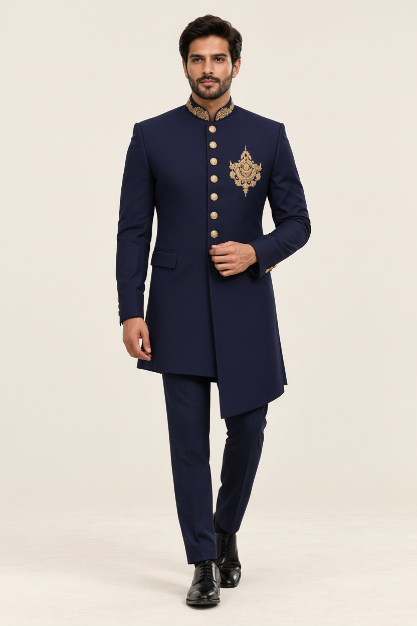 Men's Navy Blue Embroidered Indo-Western Sherwani (Royal Crest)