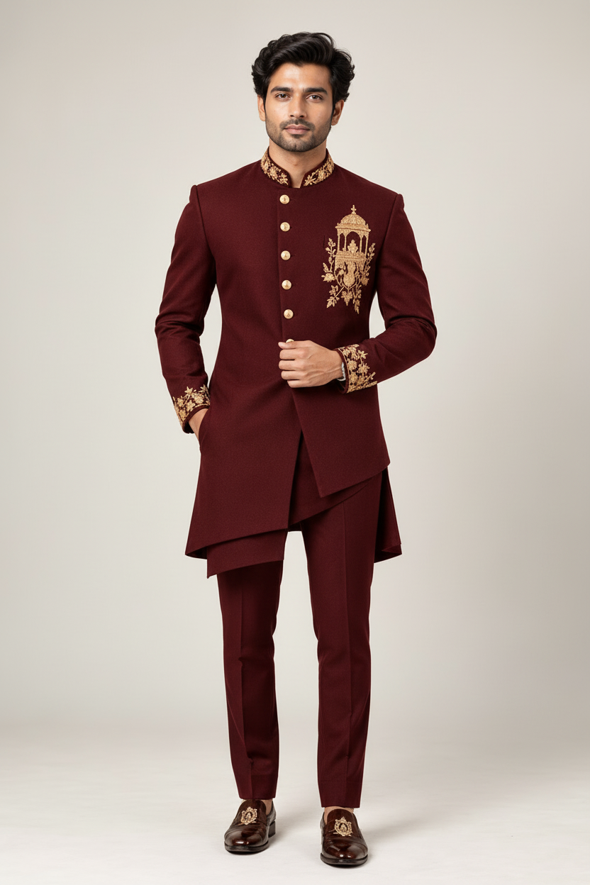 Men's Deep Maroon Embroidered Indo-Western Sherwani (Royal Garnet)