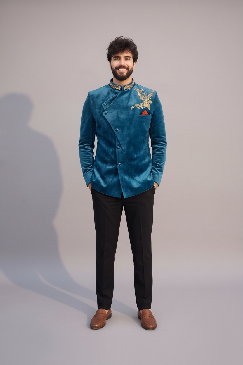 Men's Teal Blue Velvet Jodhpuri Suit (Royal Teal)