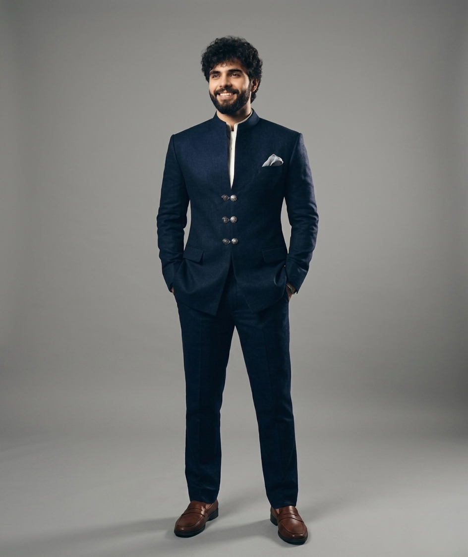Men's navy blue bandhgala Jodhpuri suit with metallic buttons and tailored trousers