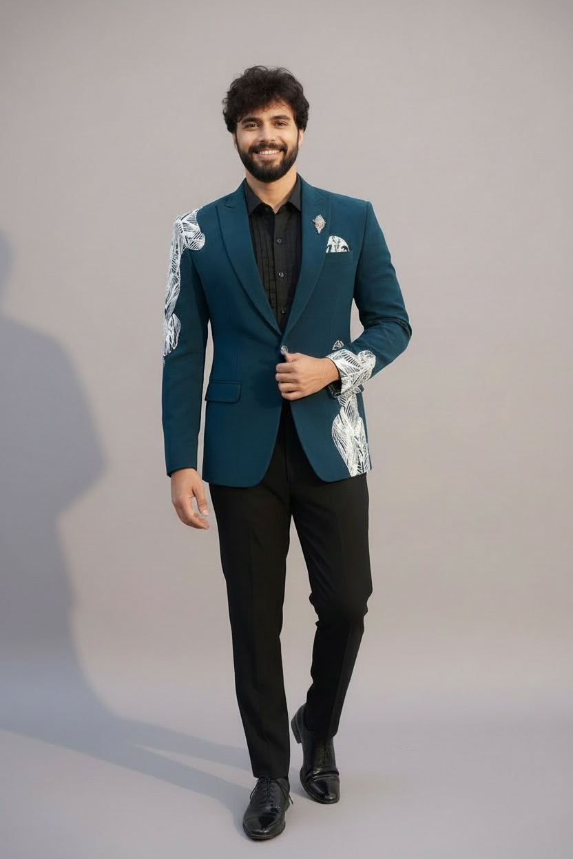 White Beaded Embellished Teal Green Tuxedo