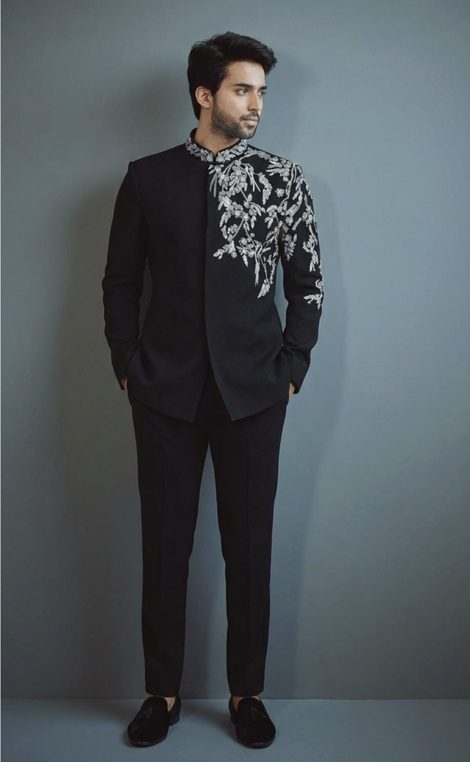 Men's Black Embroidered Jodhpuri Suit (Silver Royale)