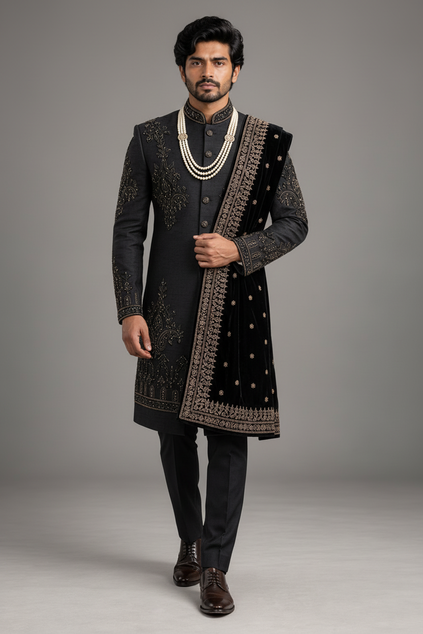 Men's Black Raw Silk Gold Embroidered Indo-Western Sherwani