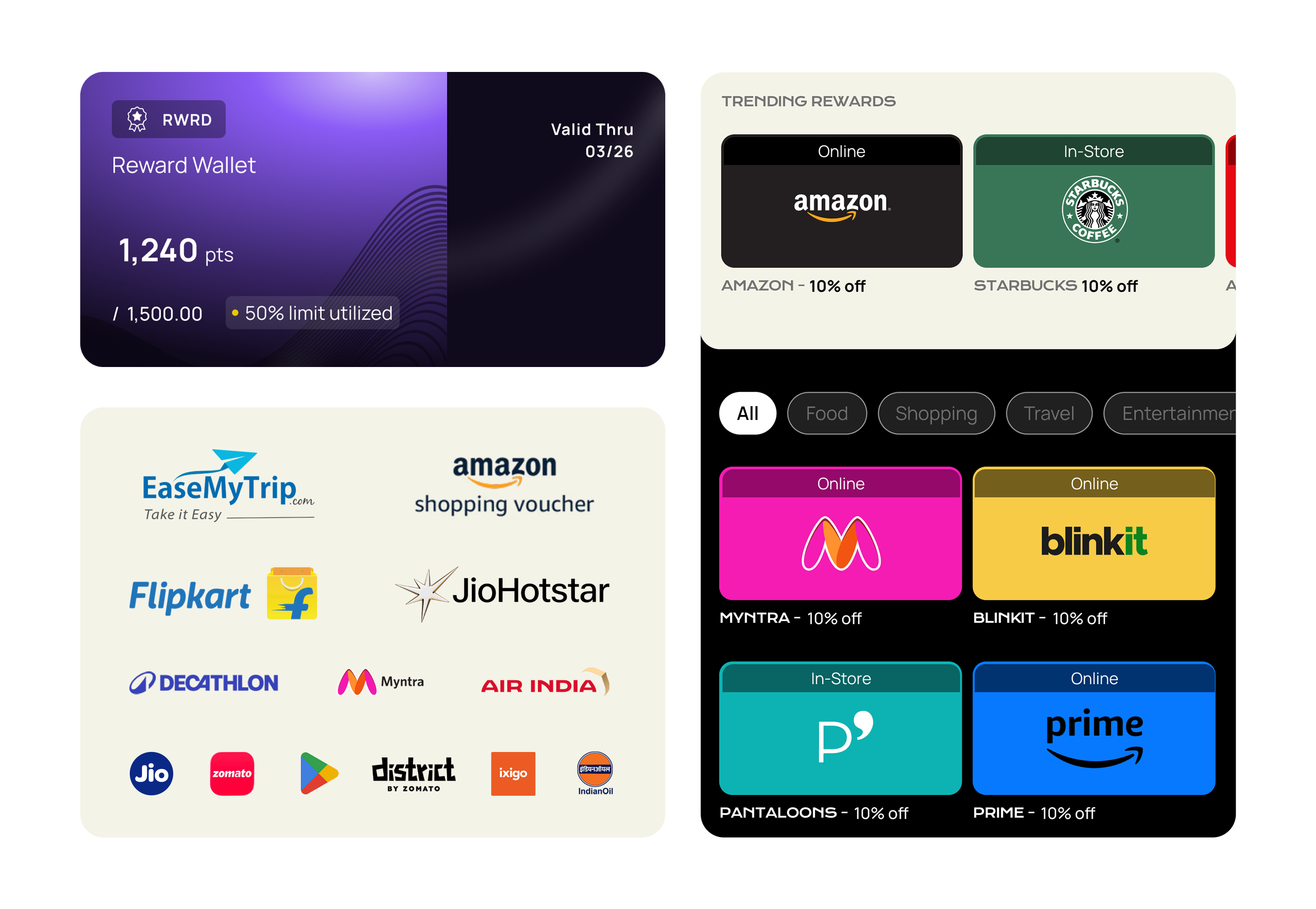 Corpcash employee app showing reward wallet balance, bill payment categories and trending brand rewards