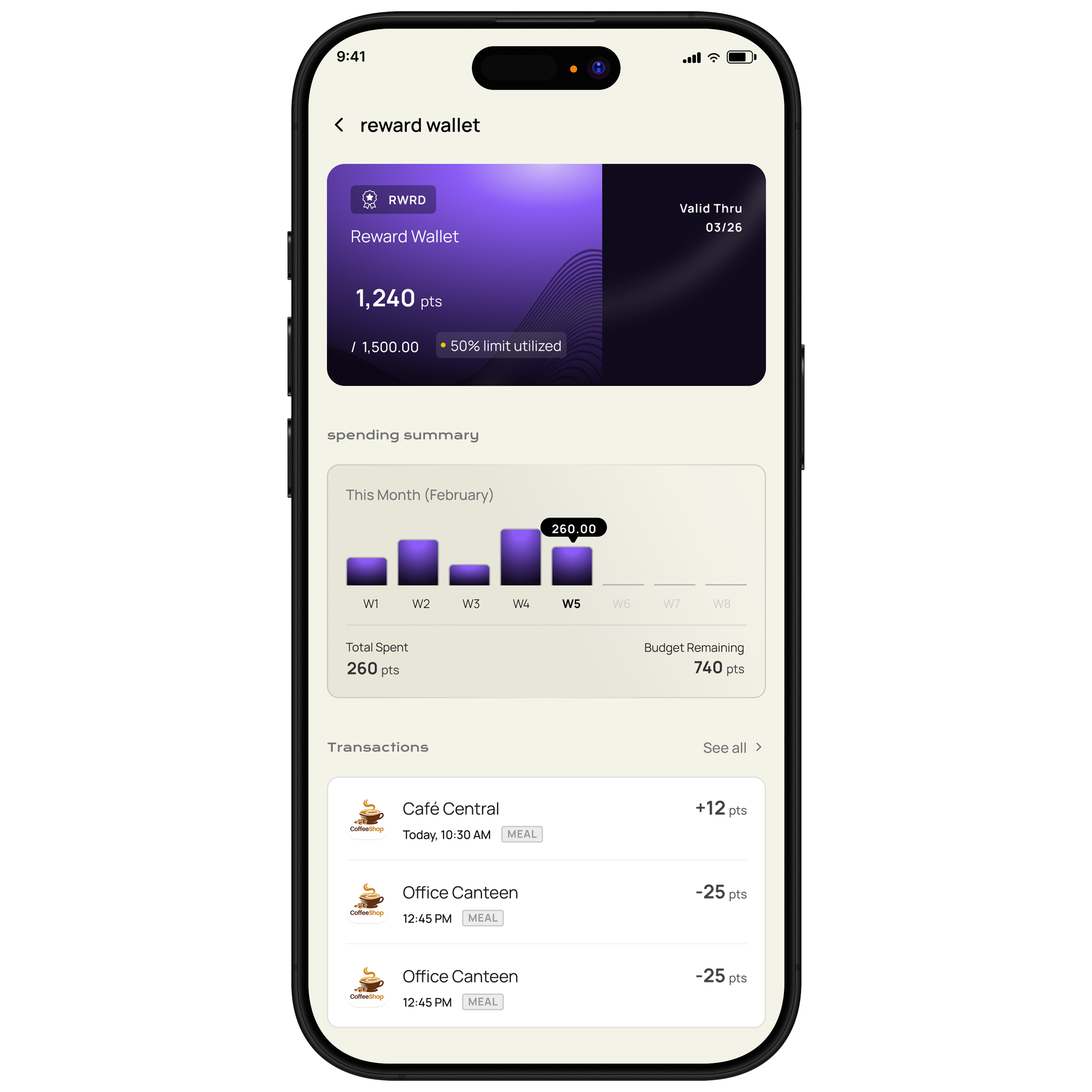 Corpcash Employee Super App showing reward wallet balance, spending summary and recent transactions