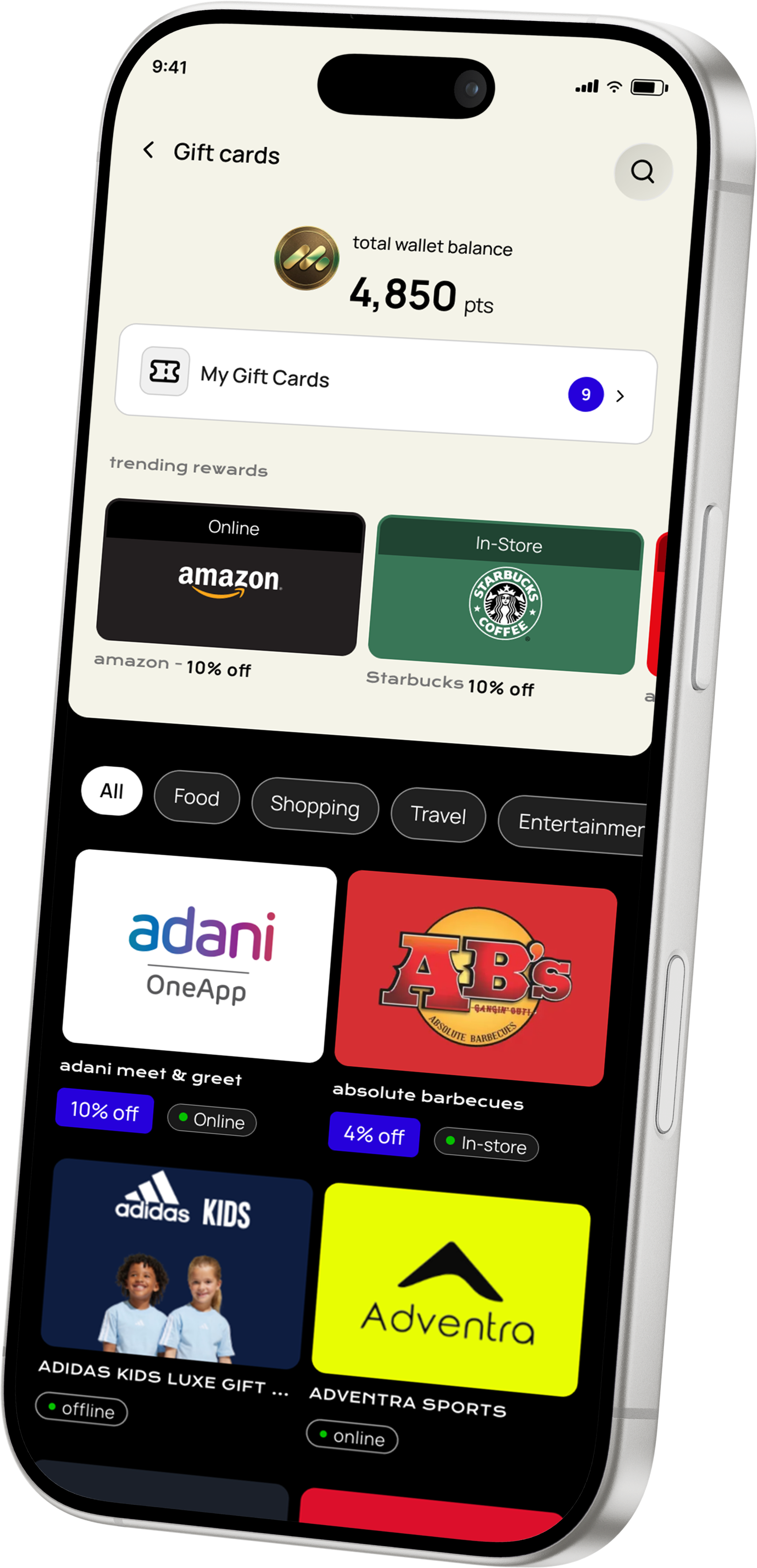 Gift card mockup showing employee reward choice and redemption