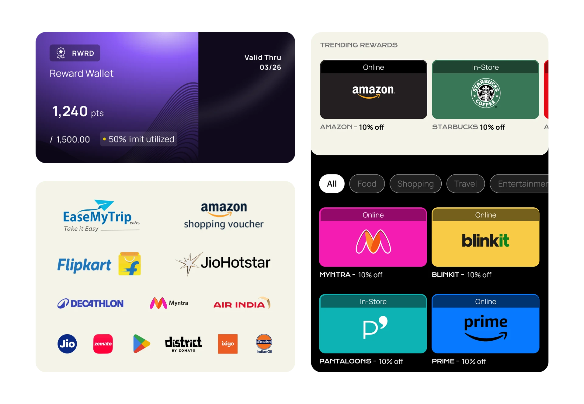 Corpcash employee app showing reward wallet balance, bill payment categories and trending brand rewards
