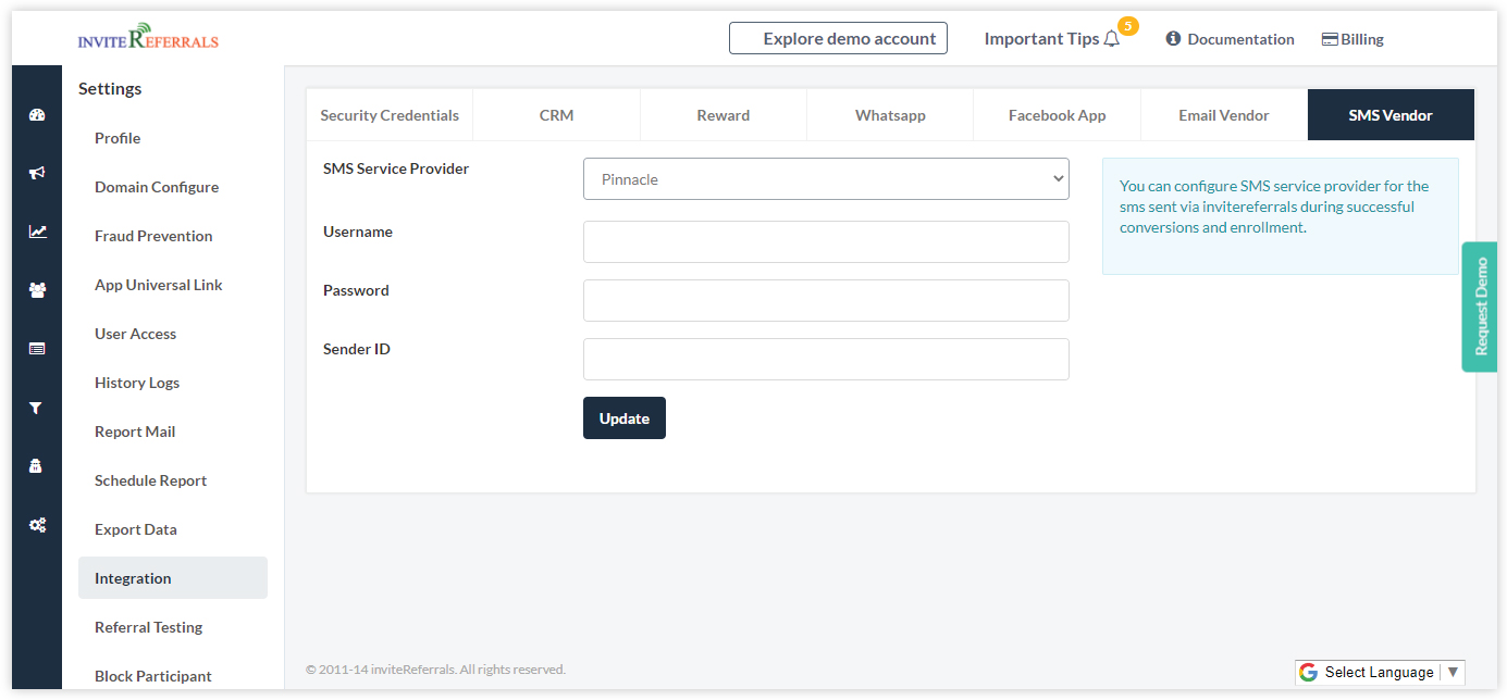 sms vendor credentials