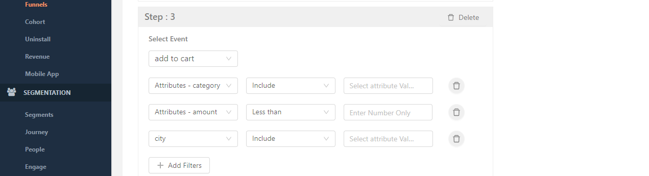 Adding filter in a funnel