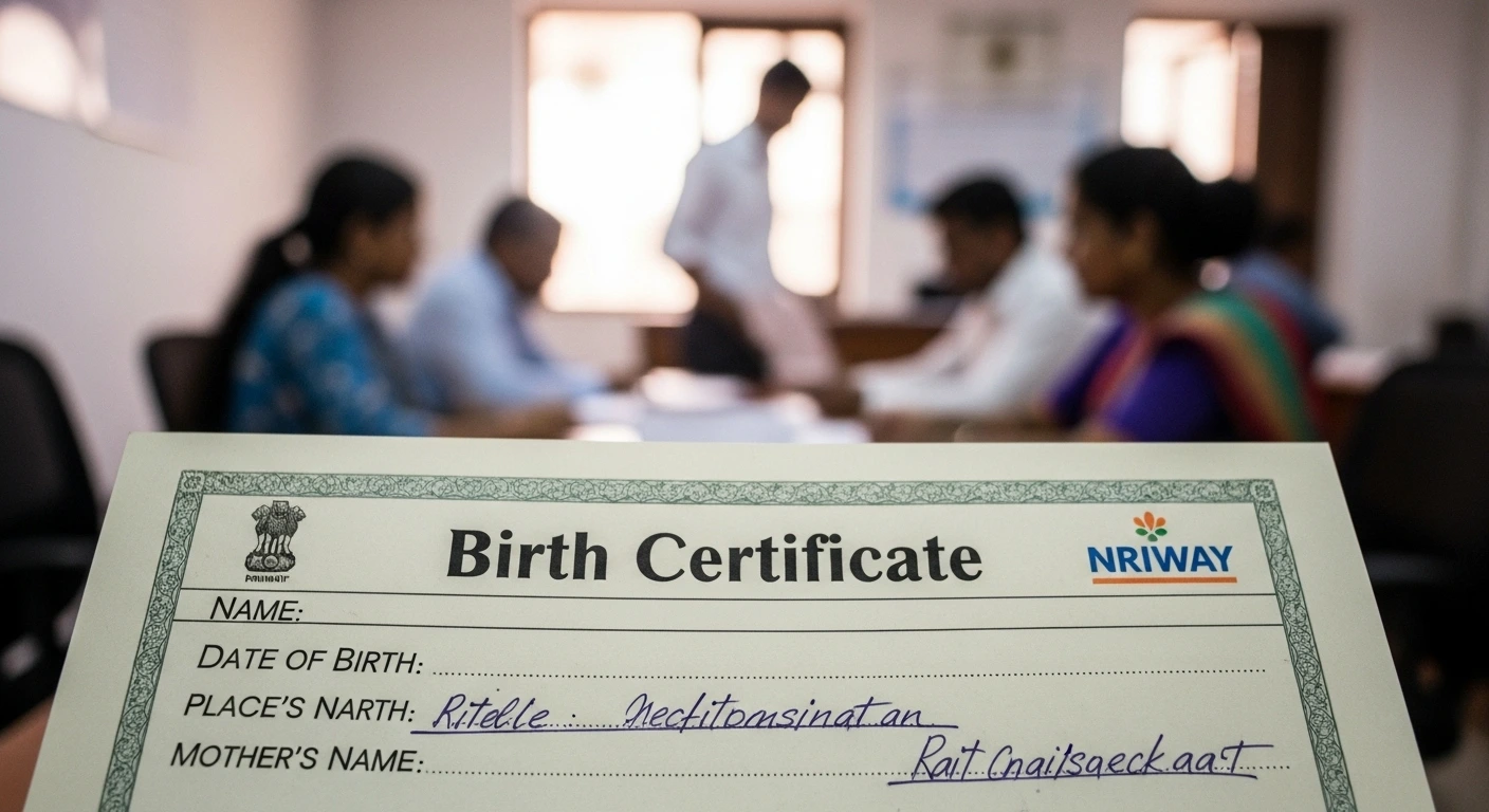 Birth certificate with NRIWAY logo held in an office where people are engaged in document processing and consultation.