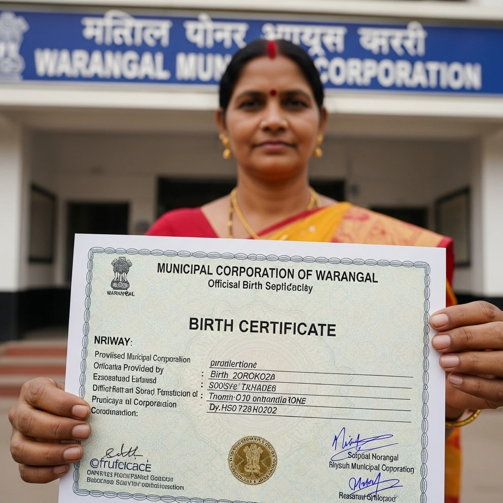 Woman holding a sample birth certificate with NRIWAY branding outside Warangal Municipal Corporation building.