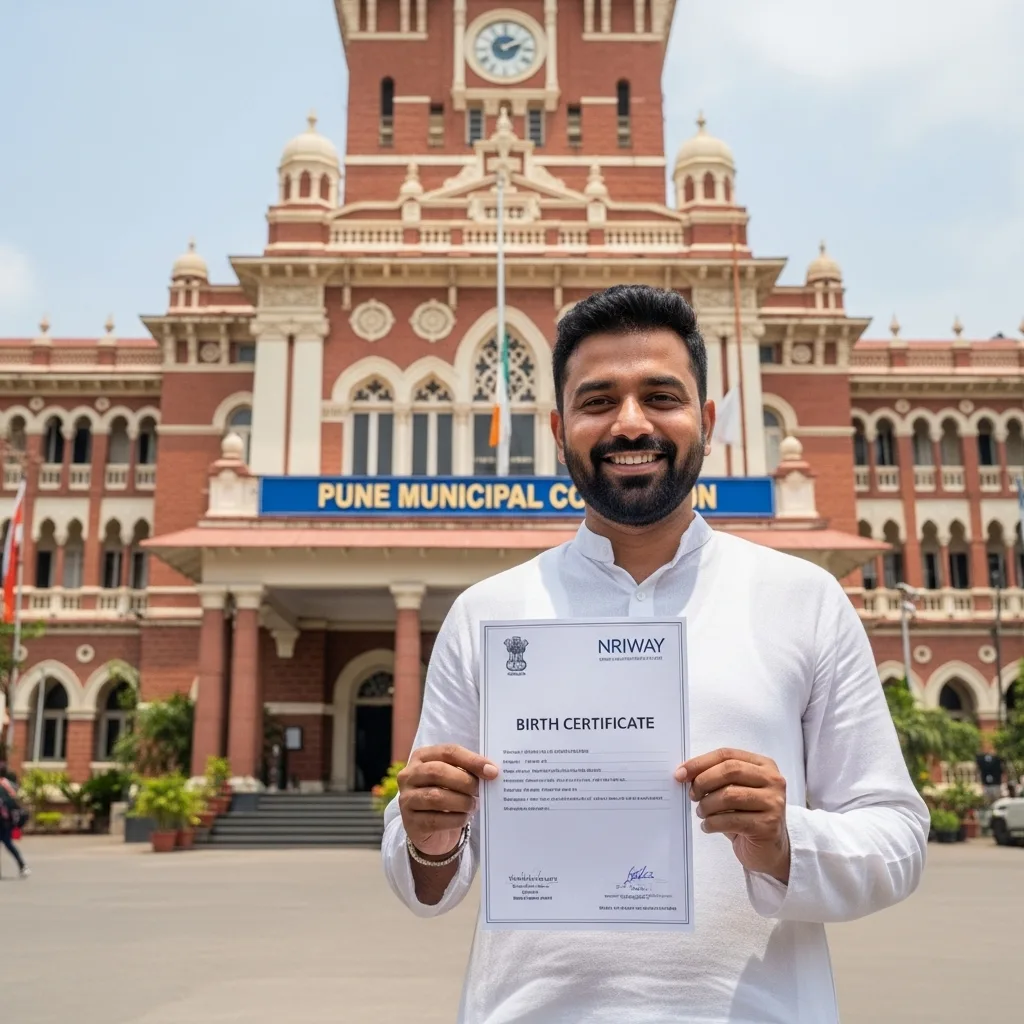 Smiling man holding a birth certificate in front of the Pune Municipal Corporation building, with NRIWAY branding.