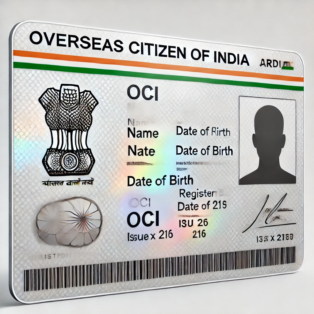 "Realistic design of an OCI (Overseas Citizen of India) card featuring a professional layout with India's official emblem, detailed personal information fields including name, date of birth, OCI registration number, and issue date. The card includes a photo placeholder and modern security elements such as holographic marks and micro-text, all set on a clean white background. Perfect for showcasing OCI card design or reference purposes in professional settings."