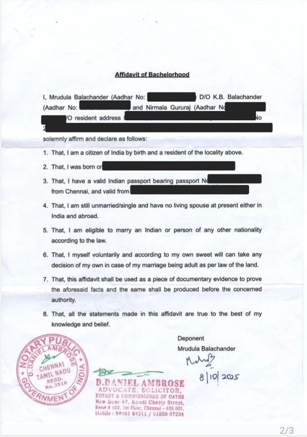A scanned affidavit document titled Affidavit of Bachelorhood, with text affirming the signer’s single status. Includes signatures, a notary seal from Chennai, and official stamps. Personal details are blacked out for privacy