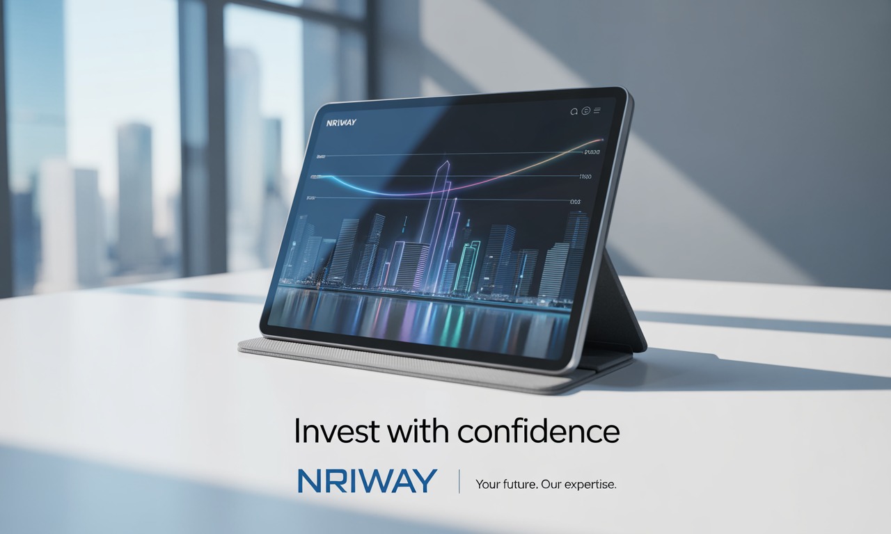 Tablet displaying futuristic financial dashboard with city skyline and upward graph. Text below reads “Invest with confidence – NRIWAY: Your future. Our expertise.”
