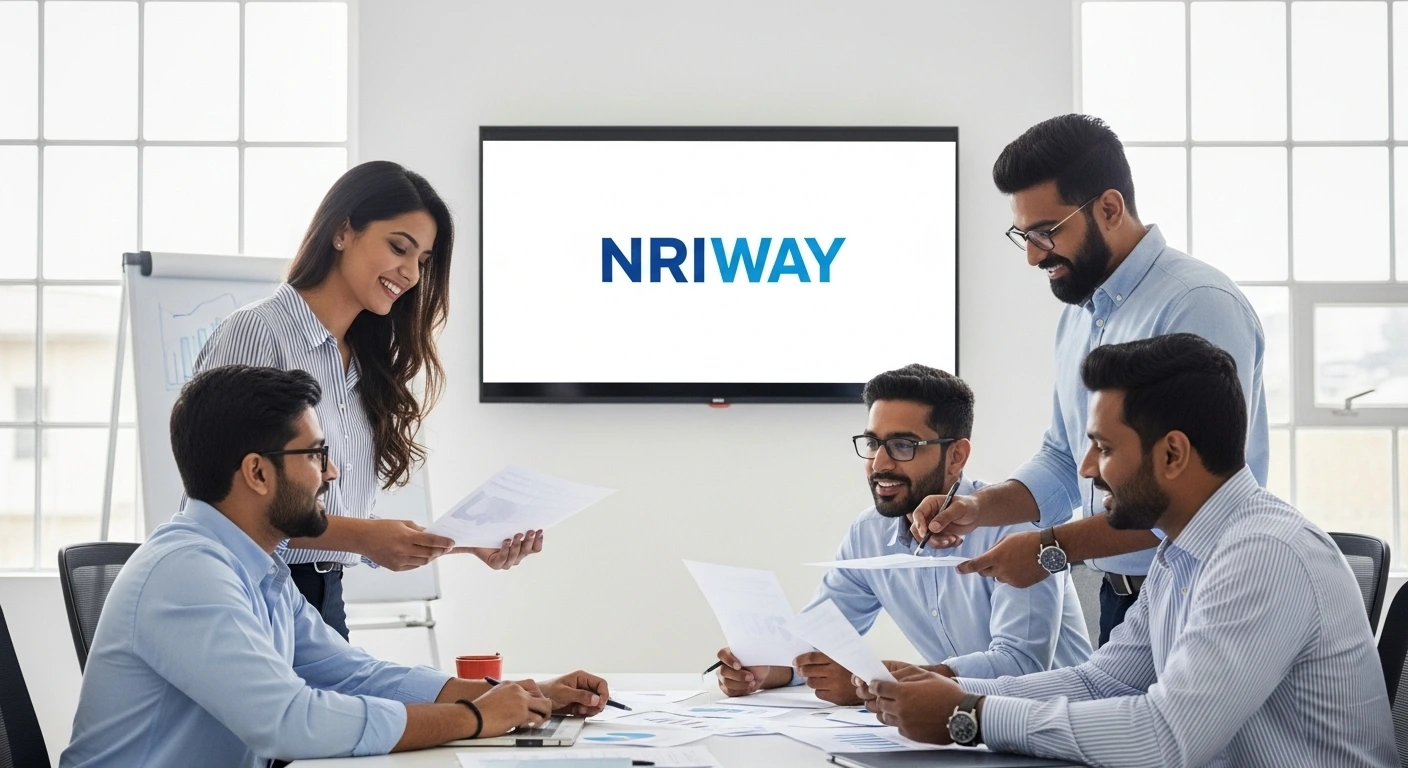 Tablet displaying futuristic financial dashboard with city skyline and upward graph. Text below reads Invest with confidence – NRIWAY: Your future. Our expertise.