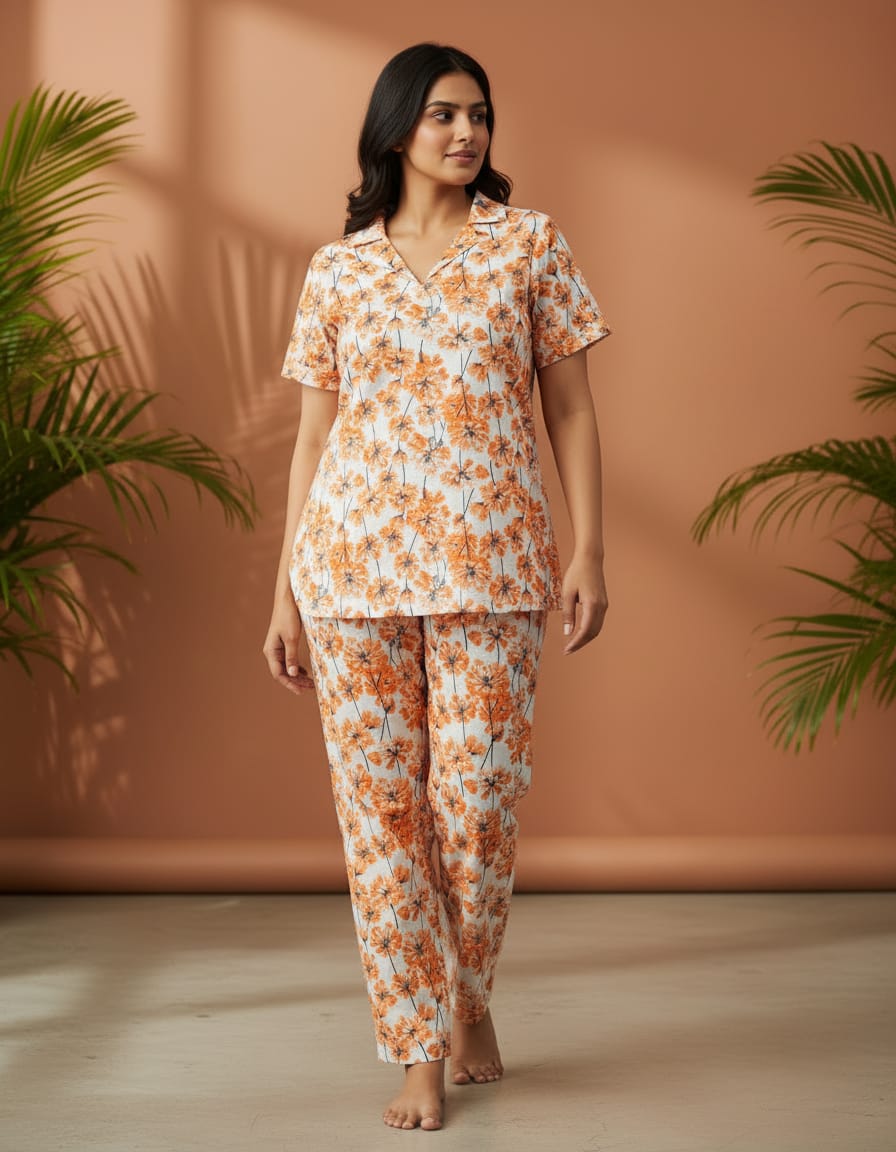 Multicolor Cambric 100% Cotton Night Suit Set For Women
