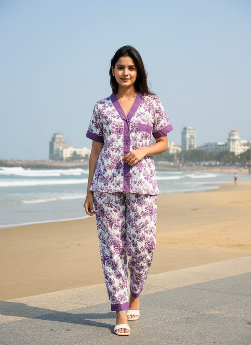 Multicolor Cambric 100% Cotton Nightsuit Set For Women