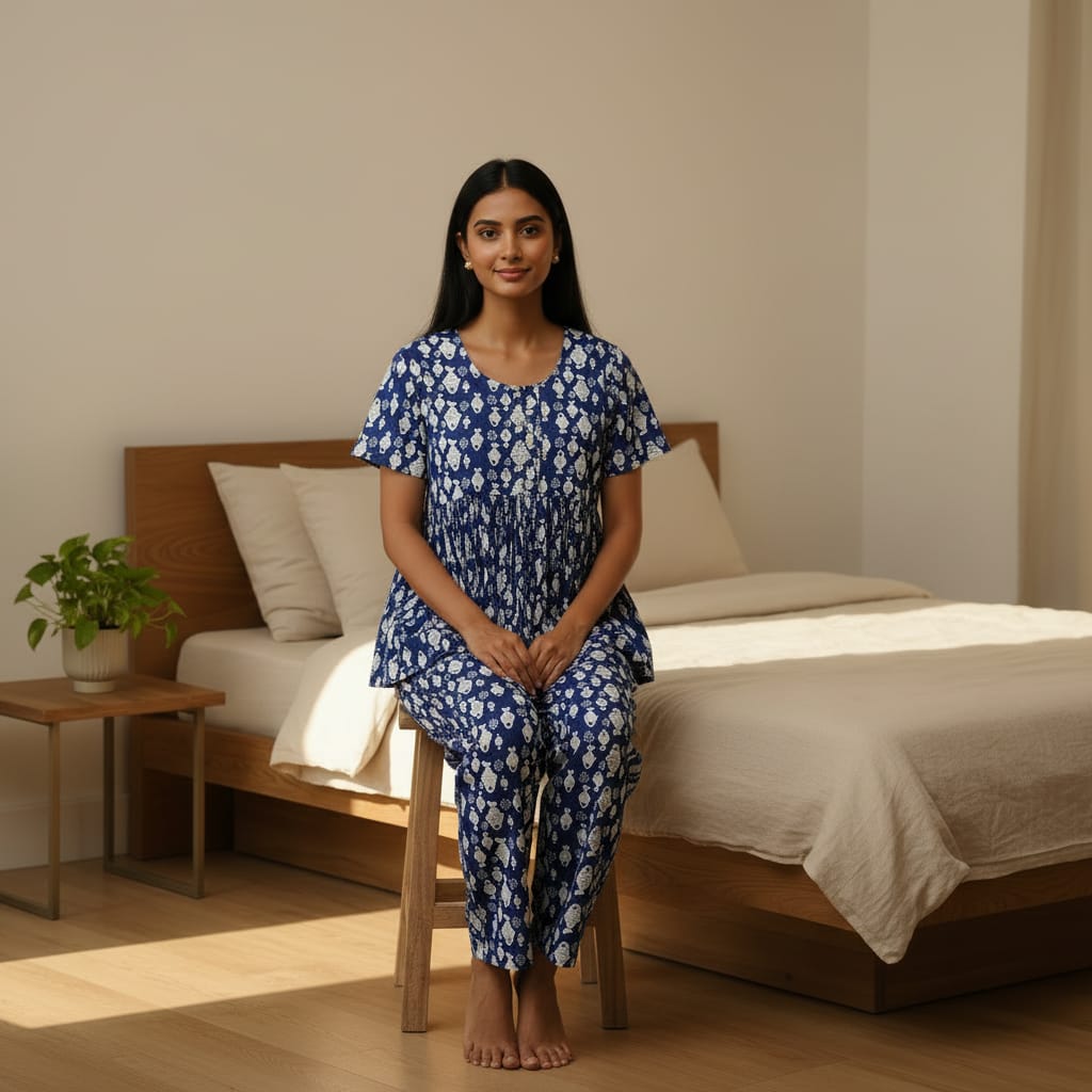 Blue Rayon Night Suit Set For Women