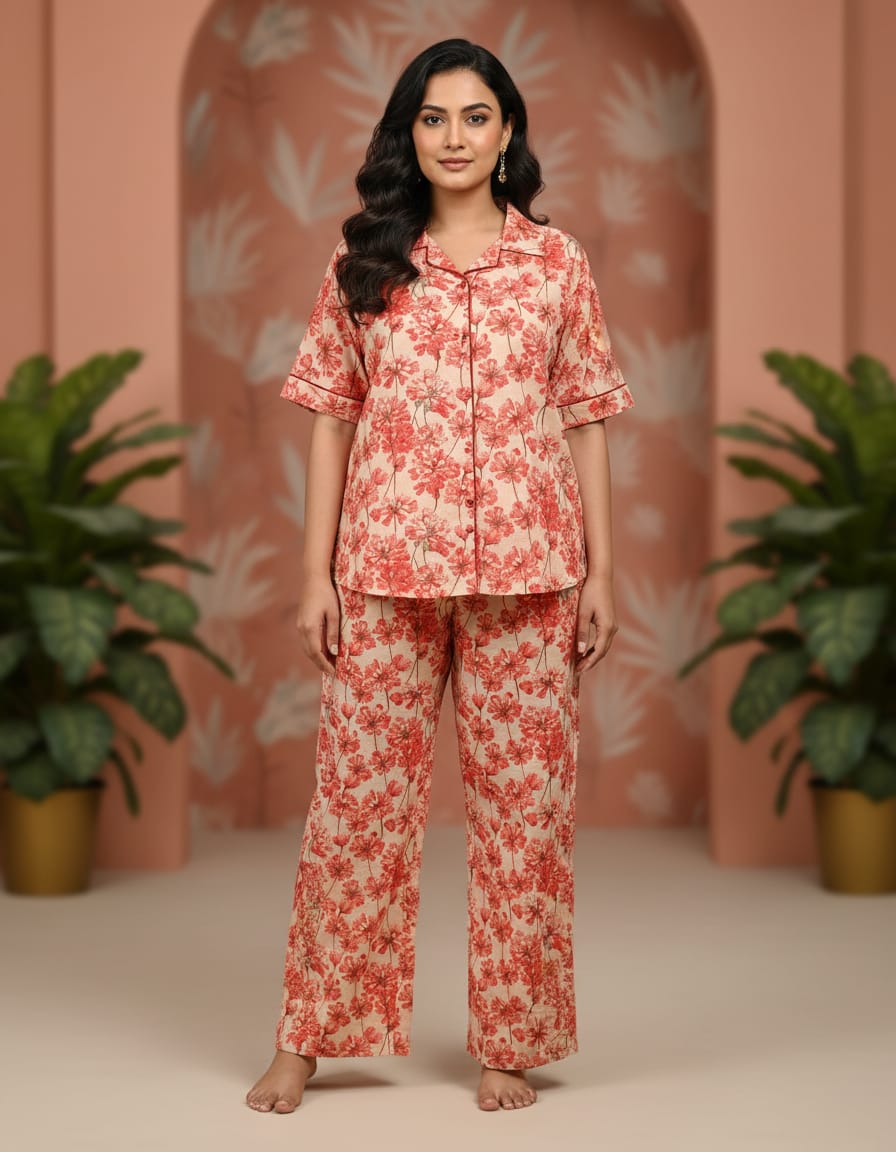 Multicolor Cambric 100% Cotton Night Suit Set For Women