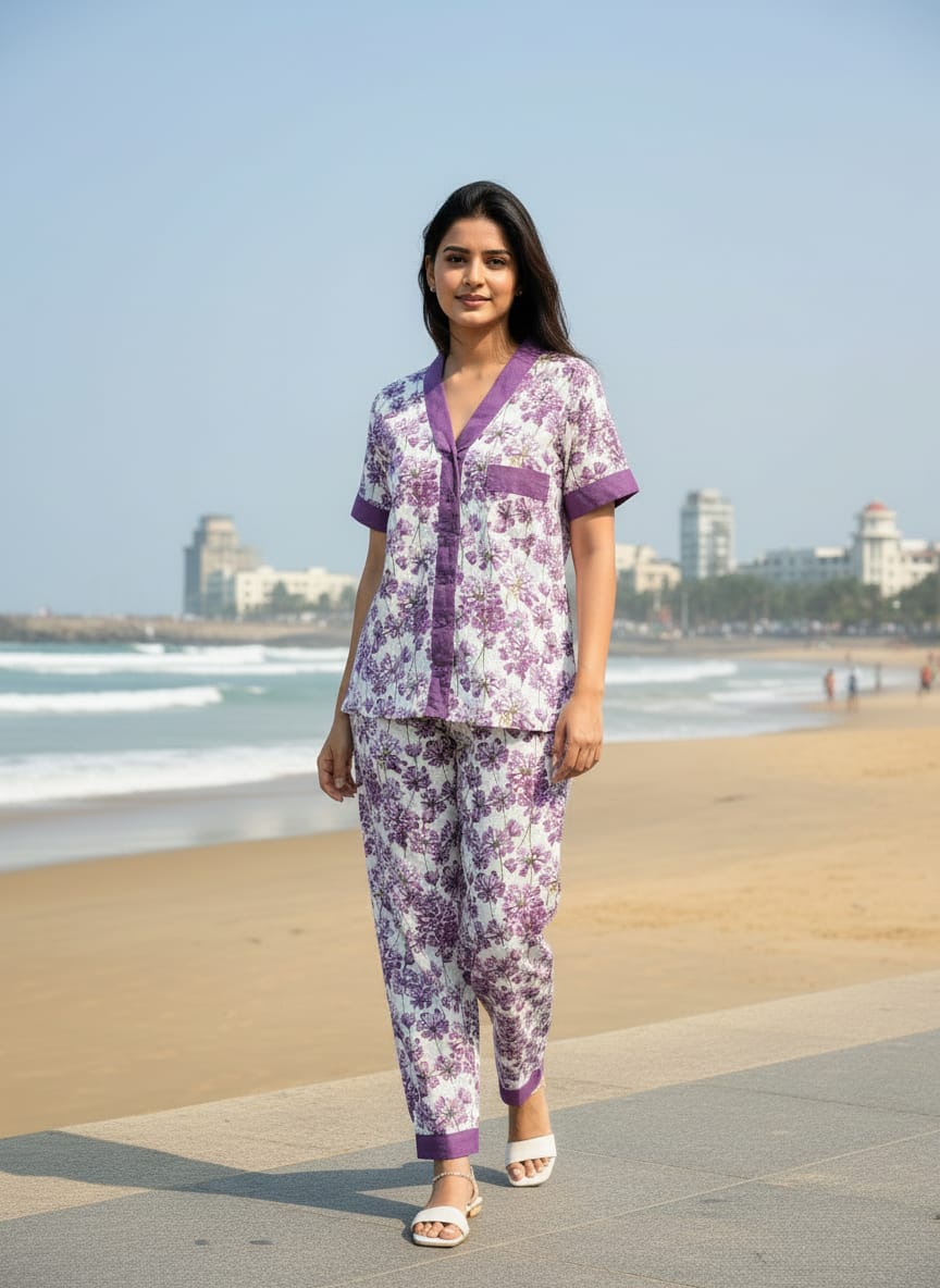 Multicolor Cambric 100% Cotton Nightsuit Set For Women