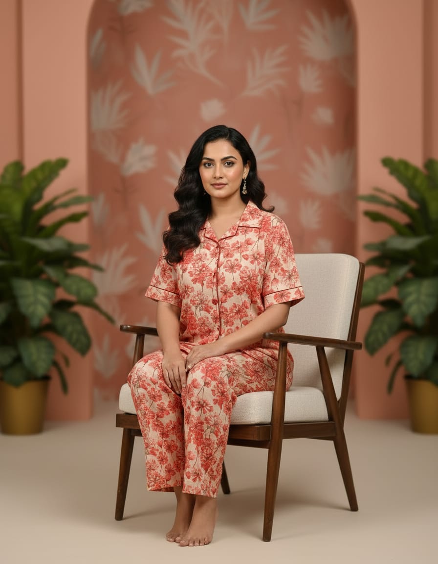 Multicolor Cambric 100% Cotton Night Suit Set For Women