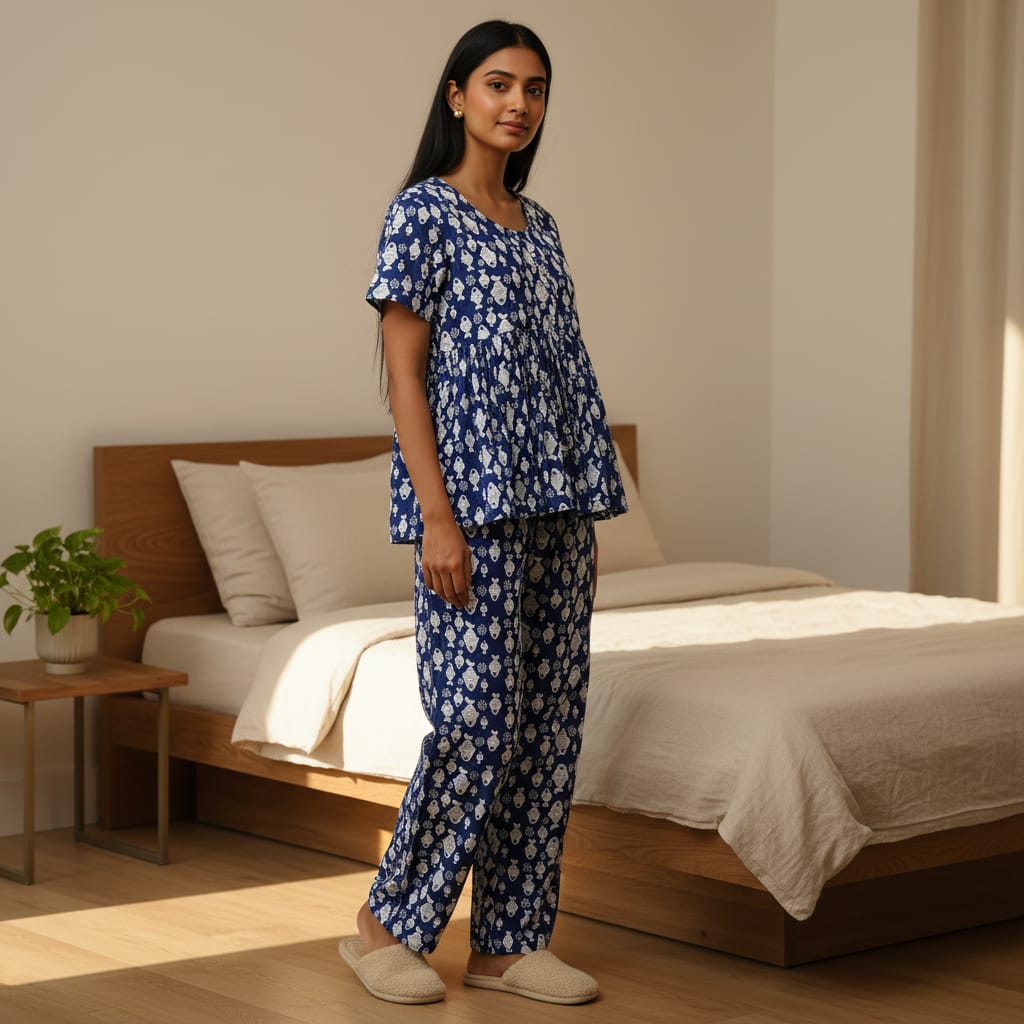 Blue Rayon Night Suit Set For Women