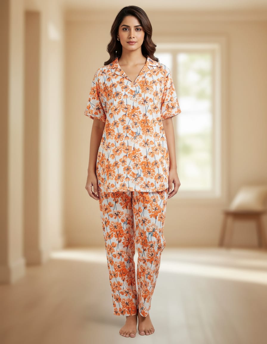 Red And White Cambric 100% Cotton Night Suit Set For Women