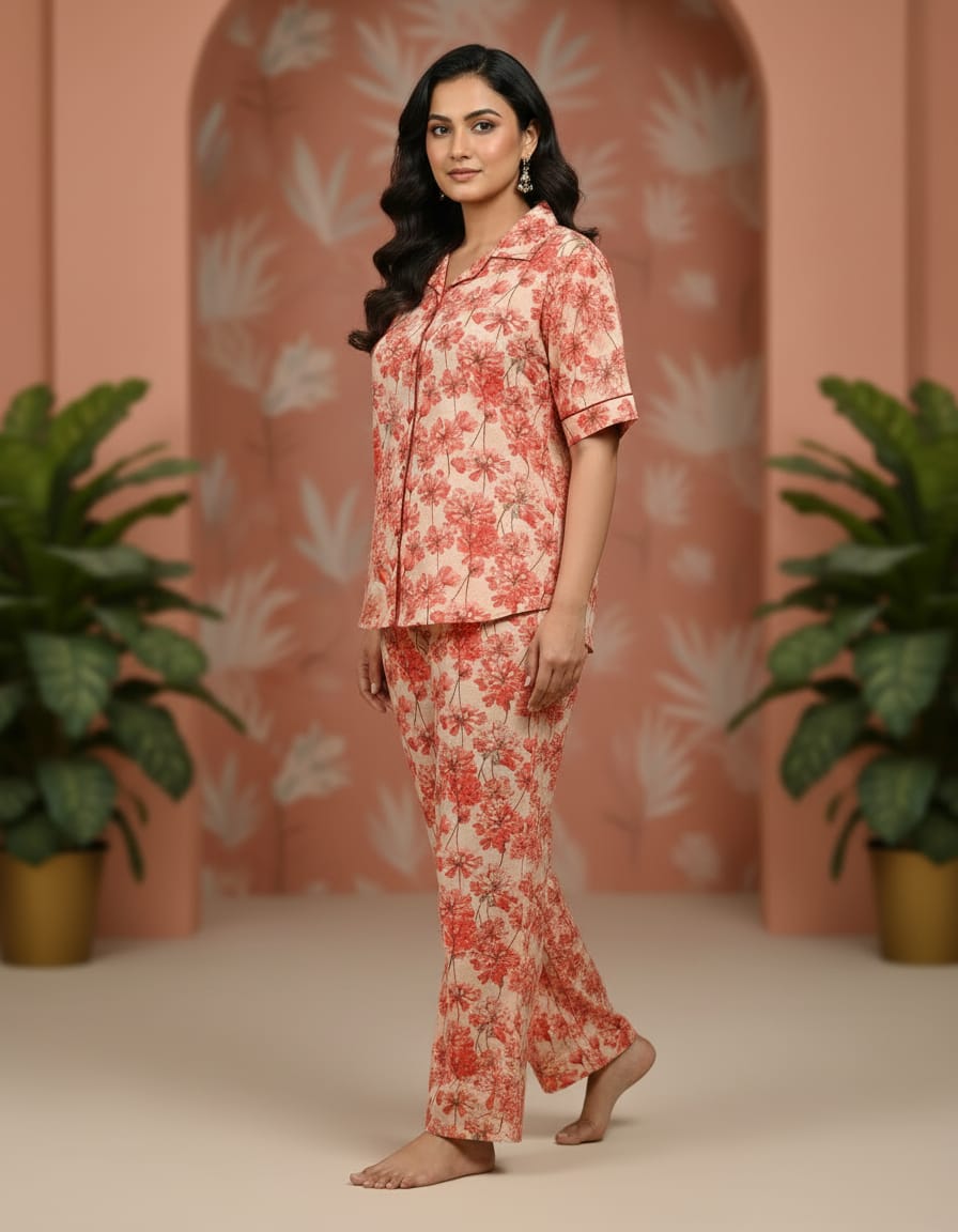 Multicolor Cambric 100% Cotton Night Suit Set For Women
